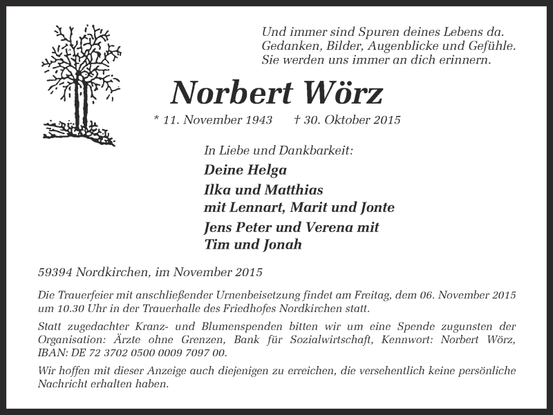  Traueranzeige für Norbert Wörz vom 04.11.2015 aus Ruhr Nachrichten