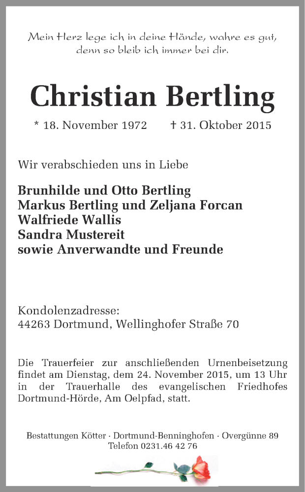  Traueranzeige für Christian Bertling vom 21.11.2015 aus Ruhr Nachrichten