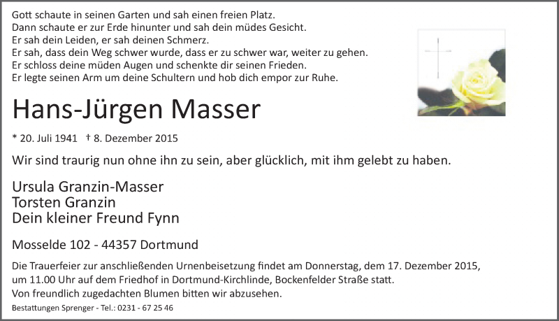  Traueranzeige für Hans-Jürgen Masser vom 11.12.2015 aus Ruhr Nachrichten