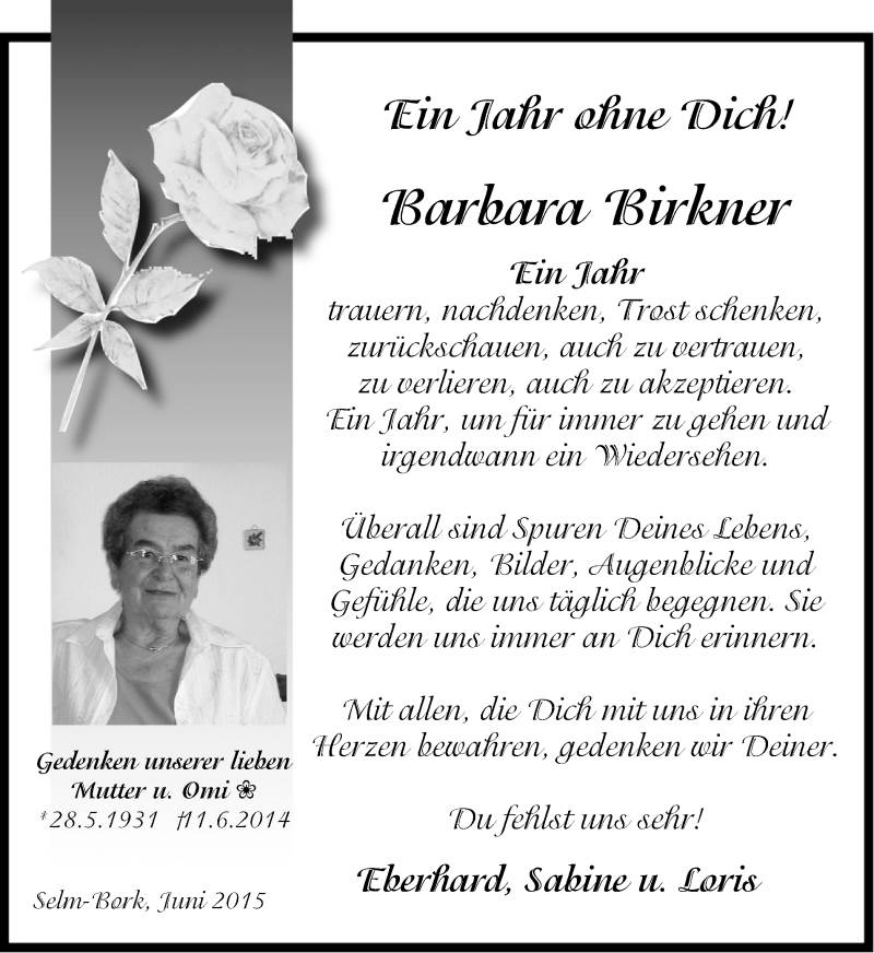  Traueranzeige für Barbara Birkner vom 10.06.2015 aus Ruhr Nachrichten