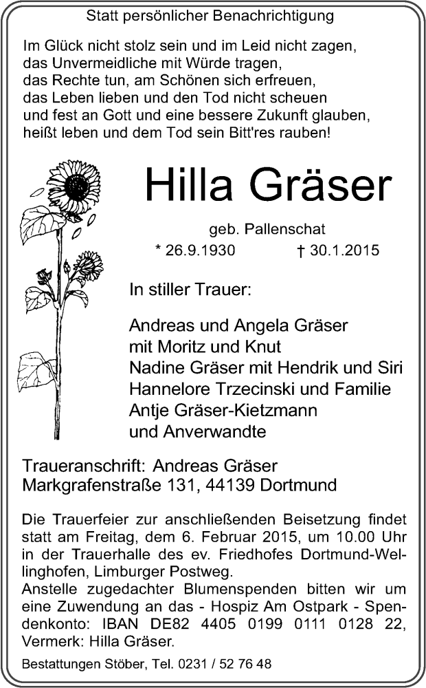  Traueranzeige für Hilla Gräser vom 03.02.2015 aus Ruhr Nachrichten