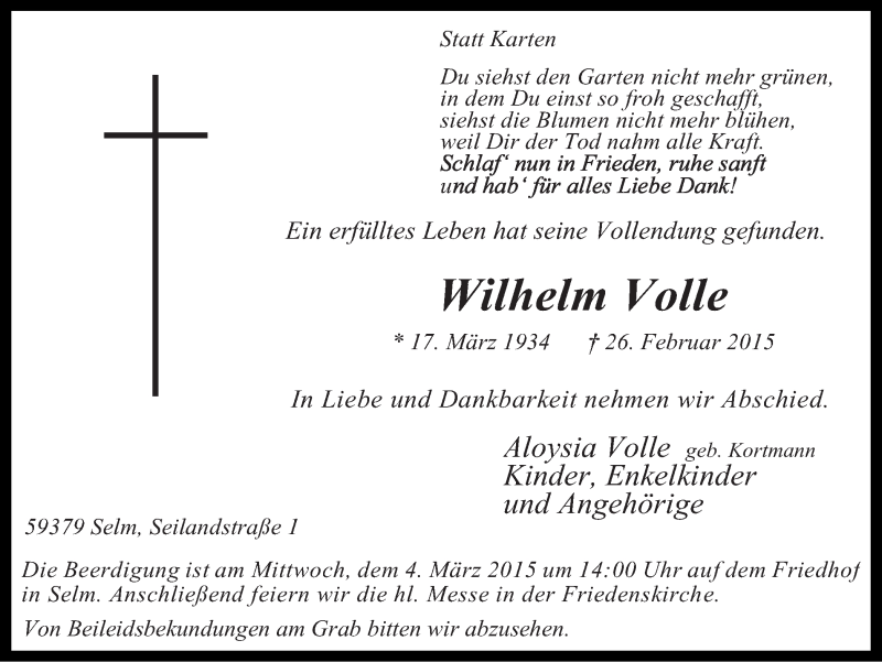  Traueranzeige für Wilhelm Volle vom 28.02.2015 aus Ruhr Nachrichten