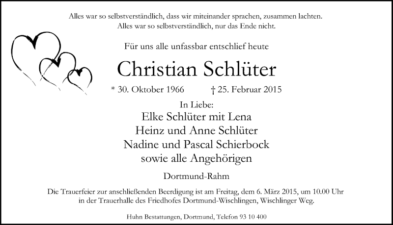  Traueranzeige für Christian Schlüter vom 28.02.2015 aus Ruhr Nachrichten