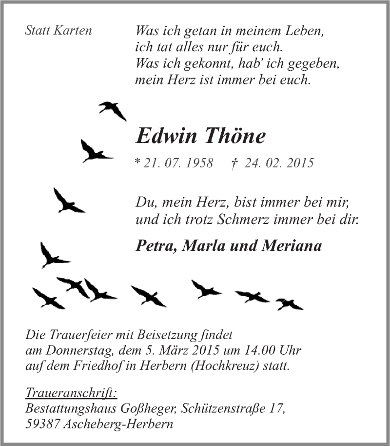  Traueranzeige für Edwin Thöne vom 28.02.2015 aus Ruhr Nachrichten