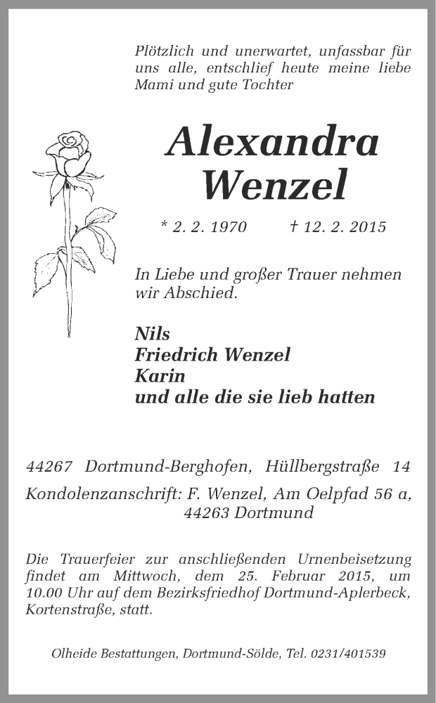  Traueranzeige für Alexandra Wenzel vom 20.02.2015 aus Ruhr Nachrichten