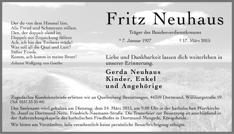  Traueranzeige für Fritz Neuhaus vom 20.03.2015 aus Ruhr Nachrichten