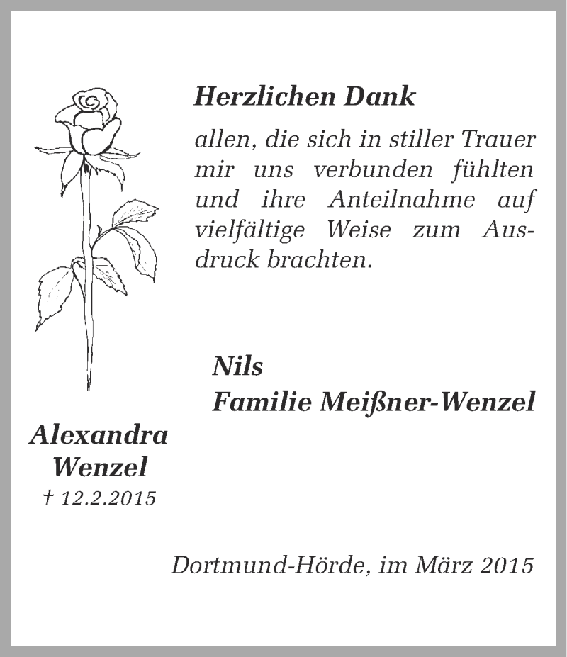  Traueranzeige für Alexandra Wenzel vom 09.03.2015 aus Ruhr Nachrichten