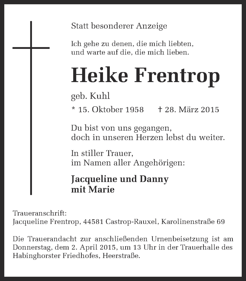  Traueranzeige für Heike Frentrop vom 31.03.2015 aus Ruhr Nachrichten