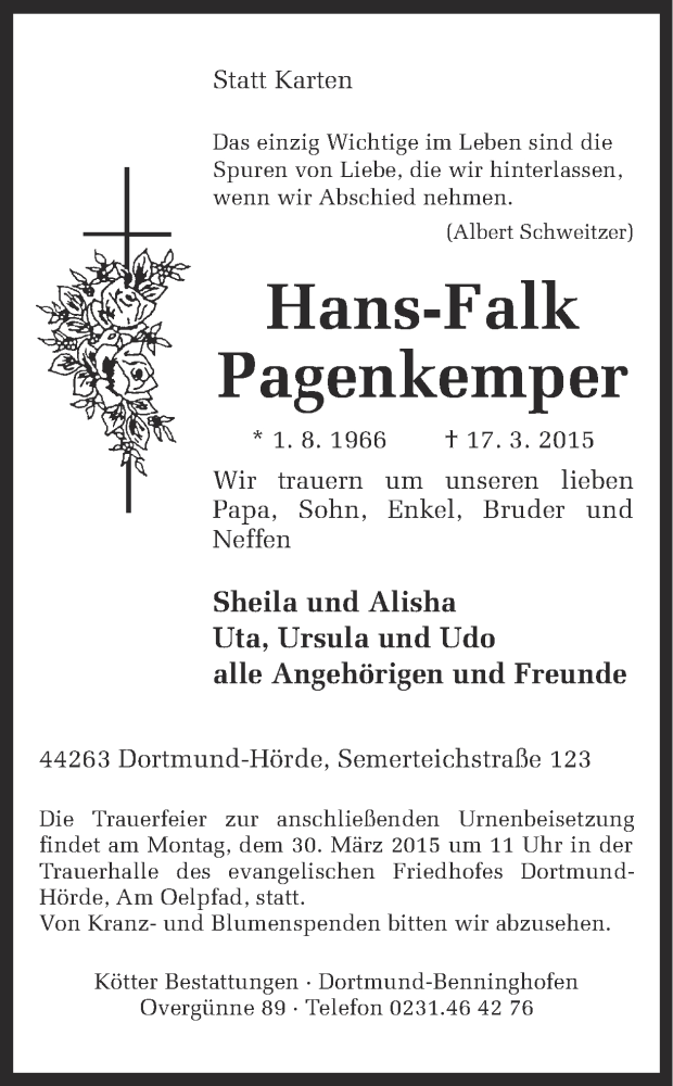 Traueranzeige für Hans-Falk Pagenkemper vom 27.03.2015 aus Ruhr Nachrichten
