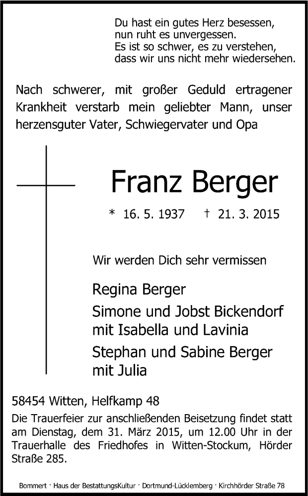  Traueranzeige für Franz Berger vom 24.03.2015 aus Ruhr Nachrichten