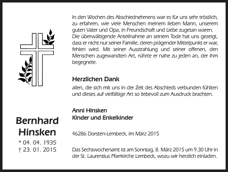  Traueranzeige für Bernhard Hinsken vom 05.03.2015 aus Ruhr Nachrichten und Dorstener Zeitung