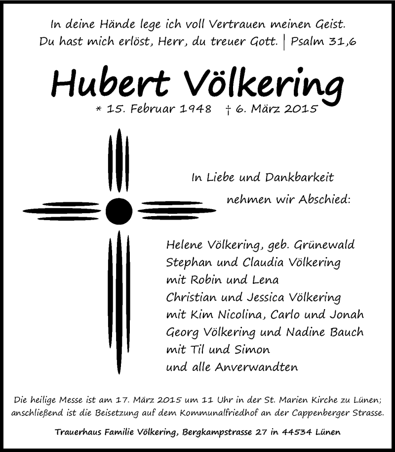  Traueranzeige für Hubert Völkering vom 13.03.2015 aus Ruhr Nachrichten