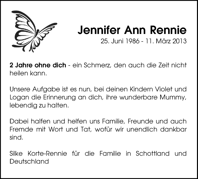  Traueranzeige für Jennifer Ann Rennie vom 11.03.2015 aus Münstersche Zeitung und Münsterland Zeitung