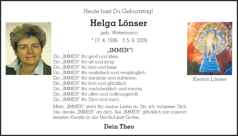 Traueranzeige für Helga Lönser vom 17.04.2015 aus Ruhr Nachrichten