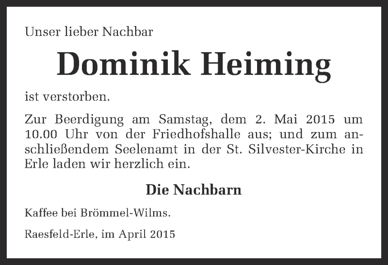  Traueranzeige für Dominik Heiming vom 30.04.2015 aus Ruhr Nachrichten und Dorstener Zeitung