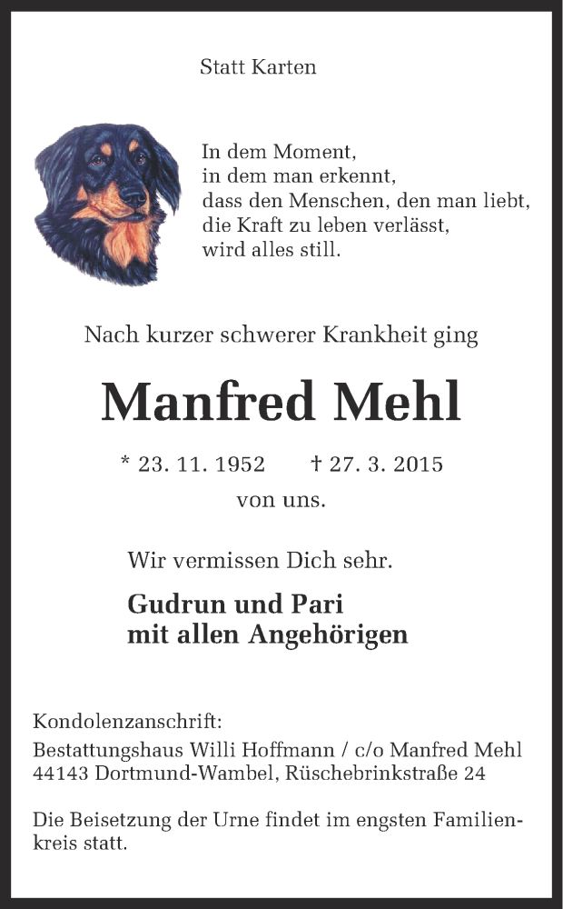  Traueranzeige für Manfred Mehl vom 04.04.2015 aus Ruhr Nachrichten