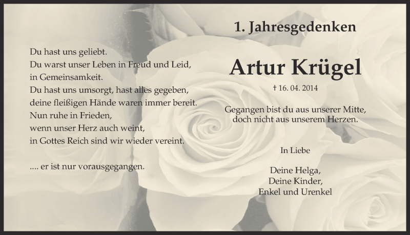 Traueranzeige für Artur Krügel vom 16.04.2015 aus Ruhr Nachrichten