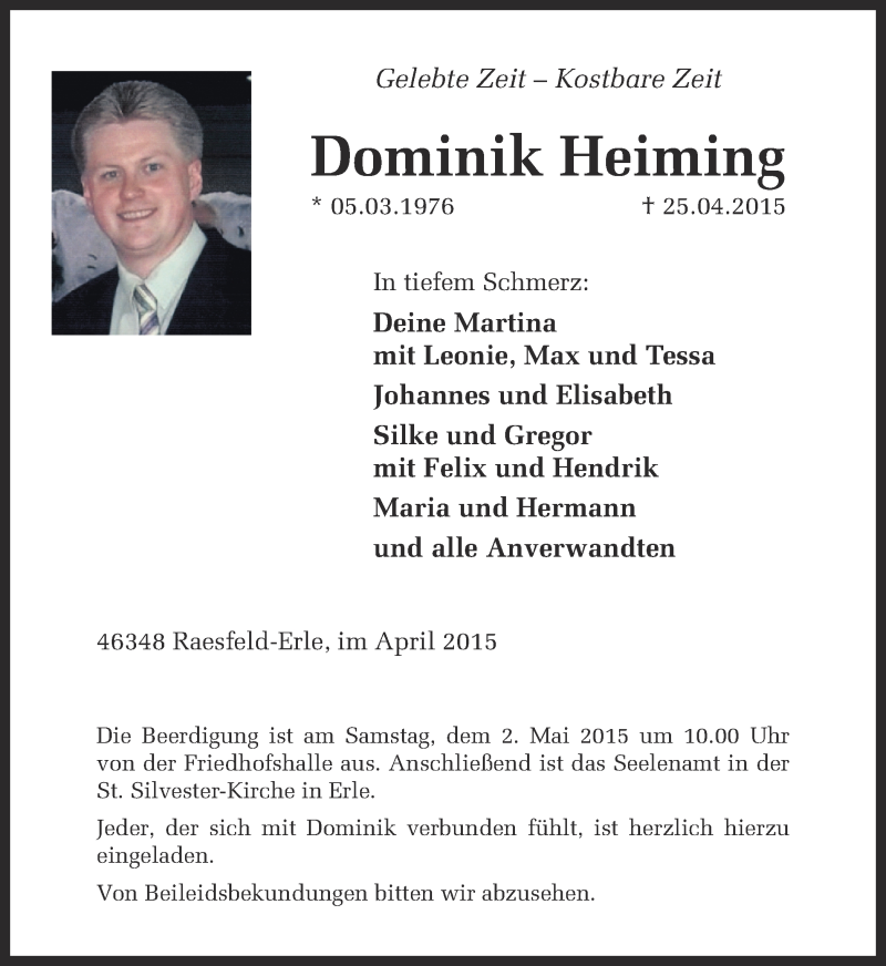  Traueranzeige für Dominik Heiming vom 29.04.2015 aus Ruhr Nachrichten und Dorstener Zeitung