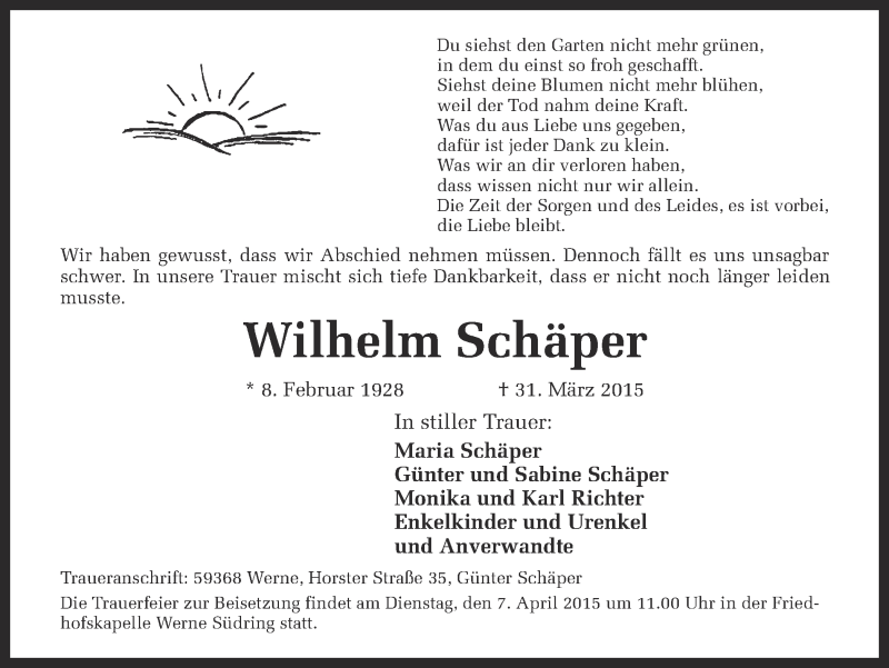  Traueranzeige für Wilhelm Schäper vom 02.04.2015 aus Ruhr Nachrichten