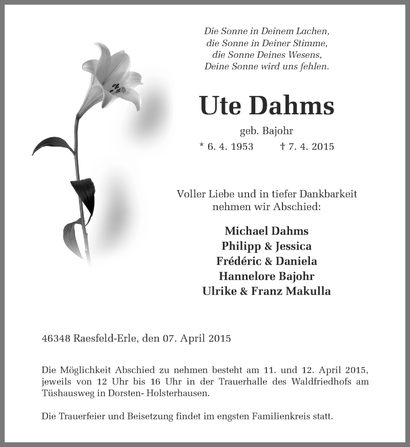  Traueranzeige für Ute Dahms vom 10.04.2015 aus Ruhr Nachrichten und Dorstener Zeitung