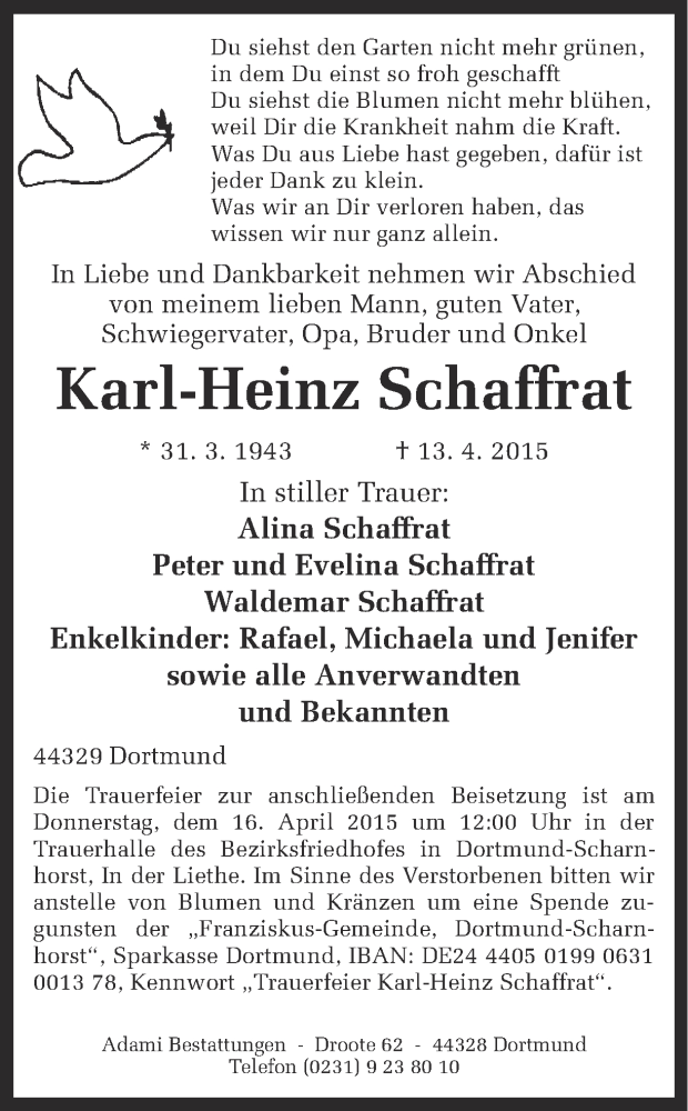  Traueranzeige für Karl-Heinz Schaffrat vom 14.04.2015 aus Ruhr Nachrichten