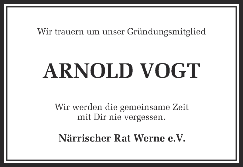  Traueranzeige für Arnold Vogt vom 28.04.2015 aus Ruhr Nachrichten