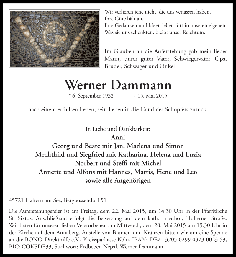  Traueranzeige für Werner Dammann vom 19.05.2015 aus Ruhr Nachrichten und Halterner Zeitung