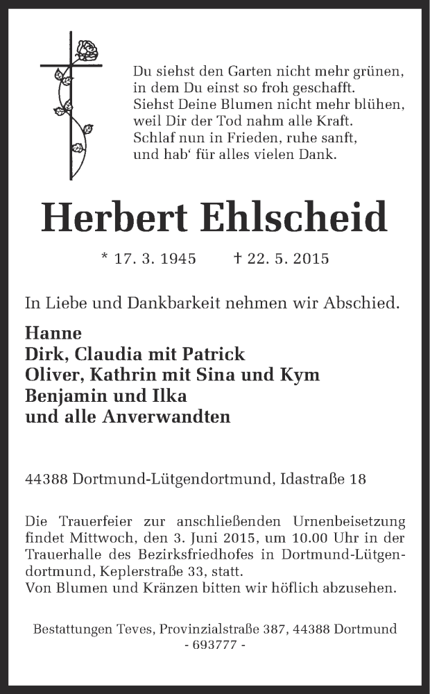  Traueranzeige für Herbert Ehlscheid vom 29.05.2015 aus Ruhr Nachrichten
