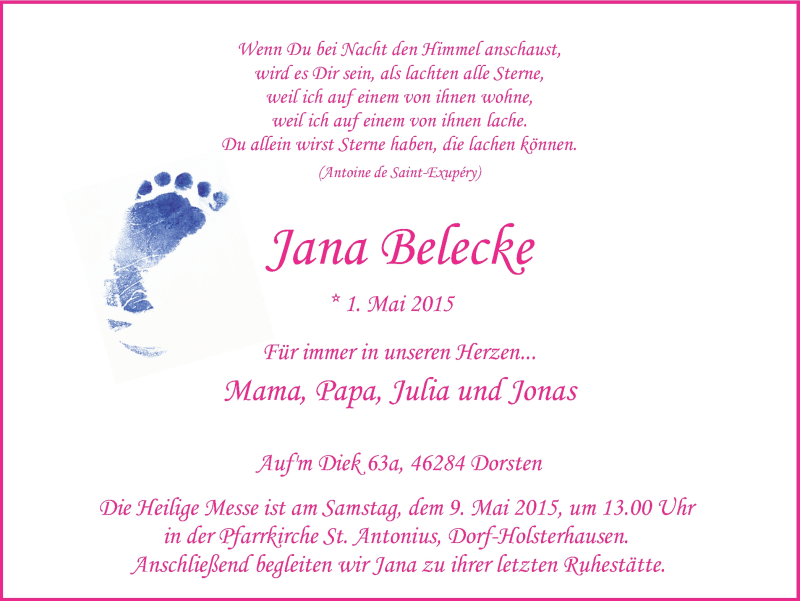  Traueranzeige für Jana Belecke vom 06.05.2015 aus Ruhr Nachrichten und Dorstener Zeitung