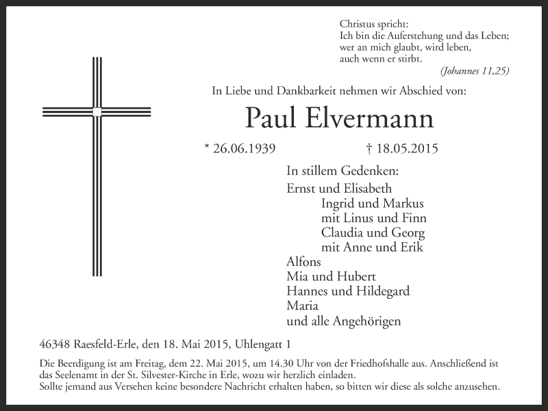  Traueranzeige für Paul Elvermann vom 20.05.2015 aus Ruhr Nachrichten und Dorstener Zeitung