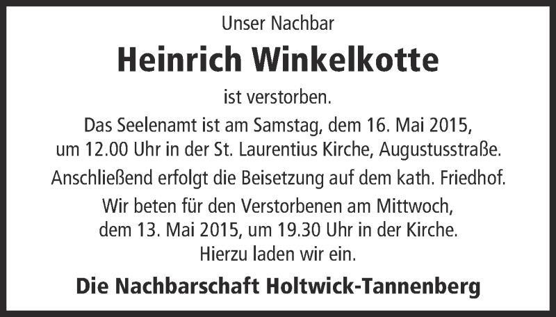  Traueranzeige für Heinrich Winkelkotte vom 12.05.2015 aus Ruhr Nachrichten und Halterner Zeitung