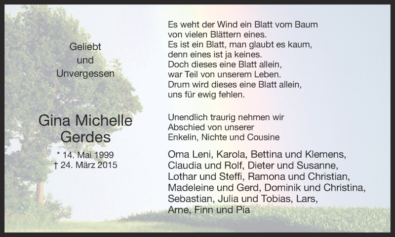  Traueranzeige für Gina Michelle Gerdes vom 24.06.2015 aus Ruhr Nachrichten und Halterner Zeitung