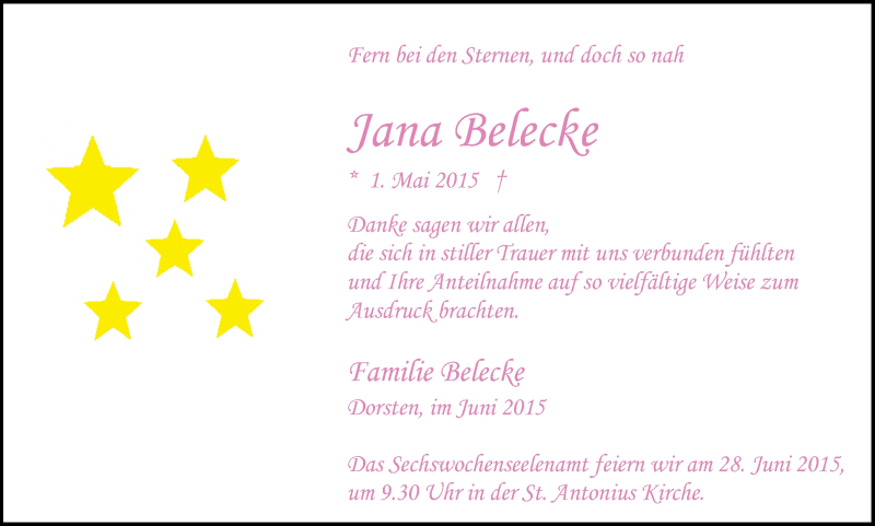  Traueranzeige für Jana Belecke vom 20.06.2015 aus Ruhr Nachrichten und Dorstener Zeitung