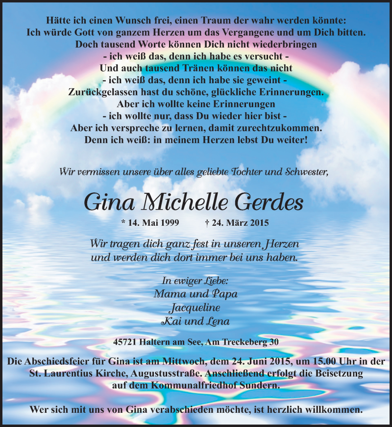  Traueranzeige für Gina Michelle Gerdes vom 18.06.2015 aus Ruhr Nachrichten und Halterner Zeitung