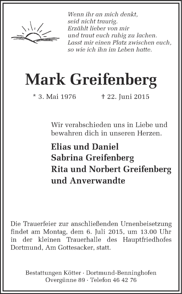  Traueranzeige für Mark Greifenberg vom 30.06.2015 aus Ruhr Nachrichten
