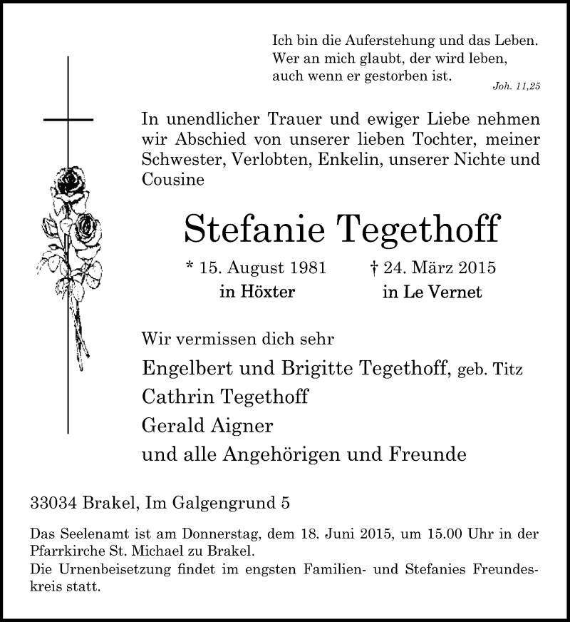  Traueranzeige für Stefanie Tegethoff vom 13.06.2015 aus Ruhr Nachrichten und Halterner Zeitung