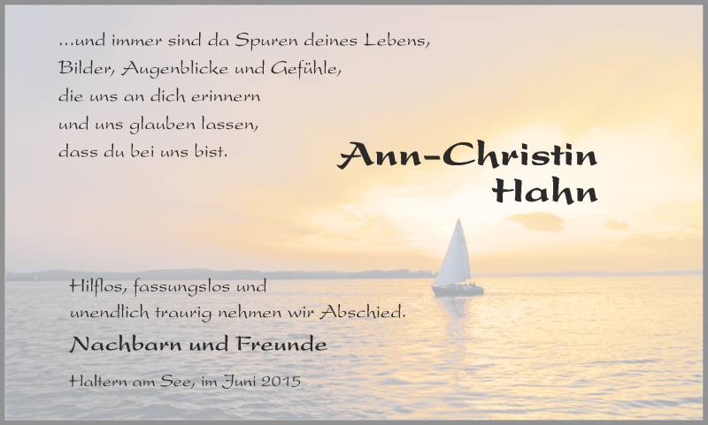  Traueranzeige für Ann-Christin Hahn vom 09.06.2015 aus Ruhr Nachrichten und Halterner Zeitung