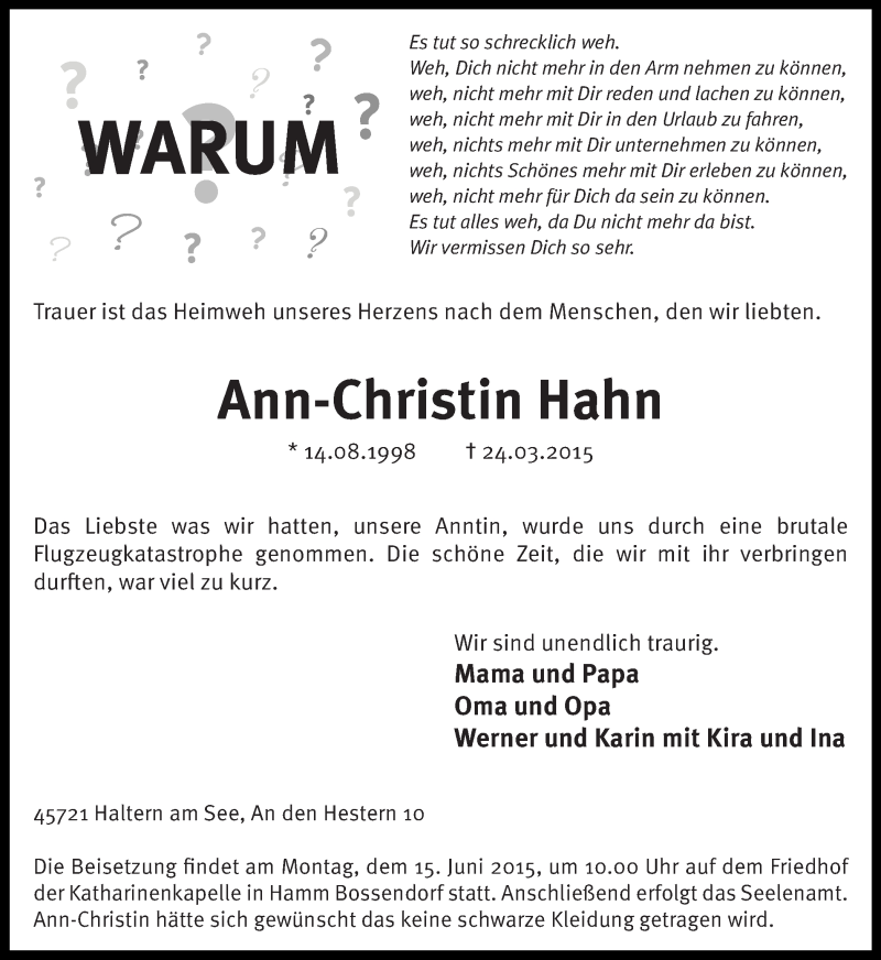  Traueranzeige für Ann-Christin Hahn vom 09.06.2015 aus Ruhr Nachrichten und Halterner Zeitung