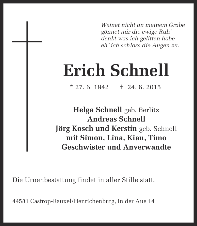  Traueranzeige für Erich Schnell vom 27.06.2015 aus Ruhr Nachrichten