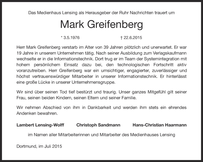  Traueranzeige für Mark Greifenberg vom 01.07.2015 aus Ruhr Nachrichten