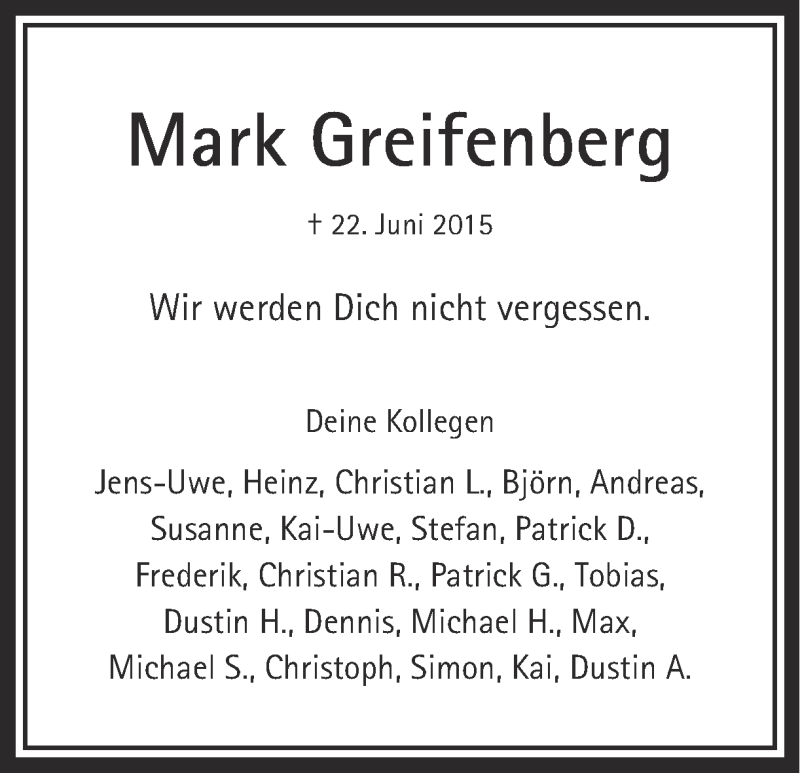  Traueranzeige für Mark Greifenberg vom 01.07.2015 aus Ruhr Nachrichten