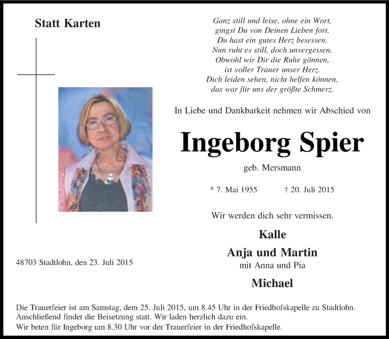  Traueranzeige für Ingeborg Spier vom 23.07.2015 aus Münstersche Zeitung und Münsterland Zeitung