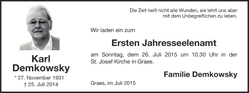  Traueranzeige für Karl Demkowsky vom 22.07.2015 aus Münstersche Zeitung und Münsterland Zeitung
