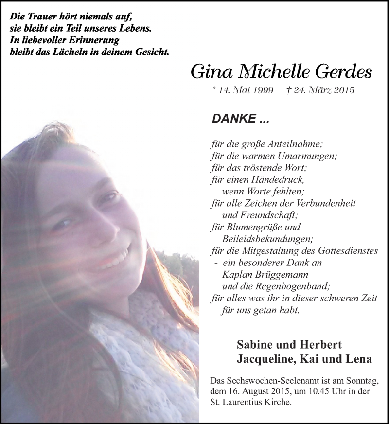  Traueranzeige für Gina Michelle Gerdes vom 12.08.2015 aus Ruhr Nachrichten und Halterner Zeitung