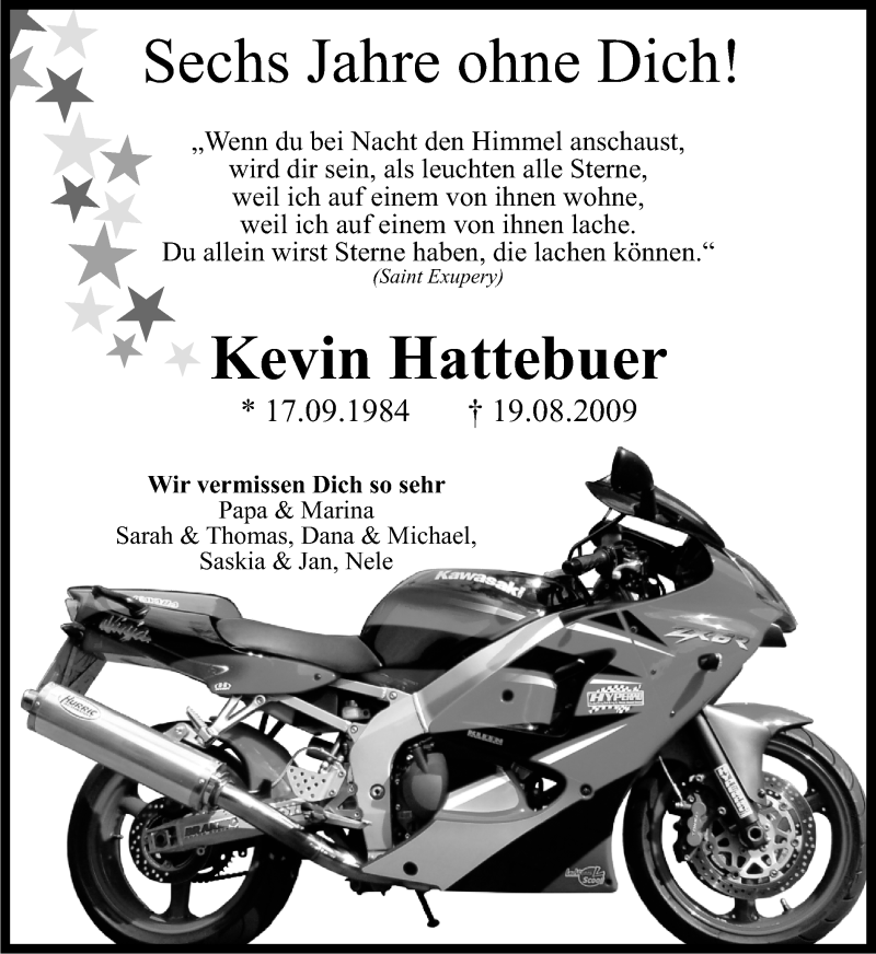  Traueranzeige für Kevin Hattebuer vom 19.08.2015 aus Ruhr Nachrichten
