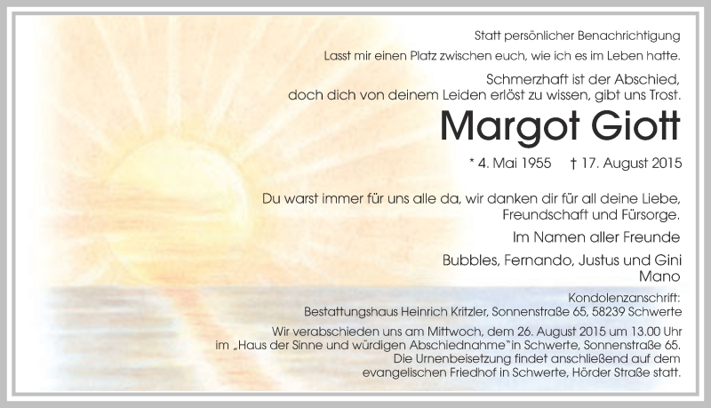  Traueranzeige für Margot Giott vom 22.08.2015 aus Ruhr Nachrichten