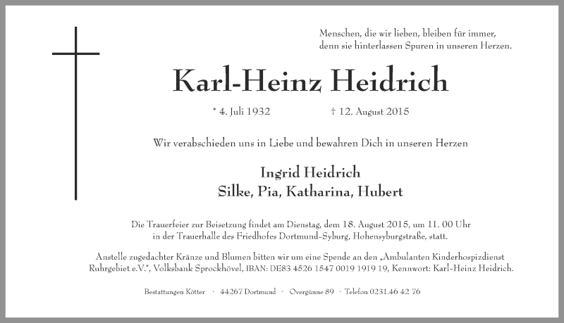  Traueranzeige für Karl-Heinz Heidrich vom 15.08.2015 aus Ruhr Nachrichten