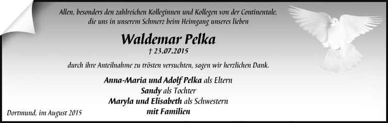 Traueranzeige für Waldemar Pelka vom 15.08.2015 aus Ruhr Nachrichten