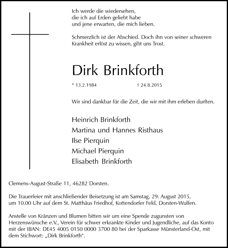  Traueranzeige für Dirk Brinkforth vom 26.08.2015 aus Ruhr Nachrichten und Dorstener Zeitung