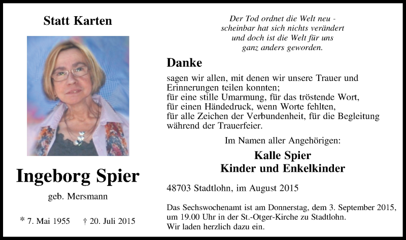  Traueranzeige für Ingeborg Spier vom 31.08.2015 aus Münstersche Zeitung und Münsterland Zeitung